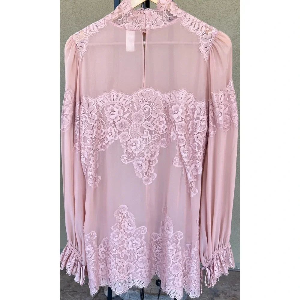 HAH Dusty Rose Pink Lace Trim Blouse Sheer Cover up Romantic‎ Lightweight Medium